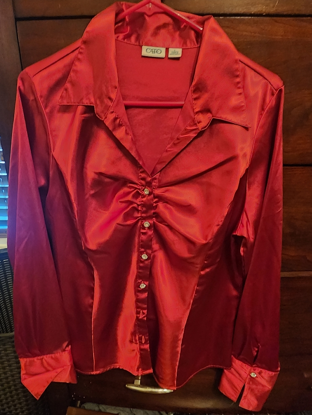 Cato Red Satin Ruched Button-Up Blouse